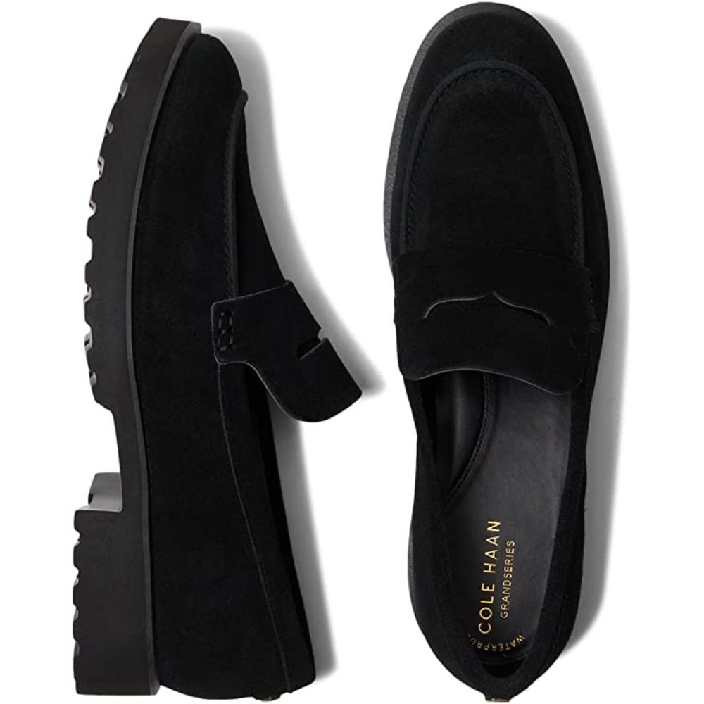 COLE HAAN Women's Black Suede Waterproof GENEVA Lug Sole Penny Loafer 8